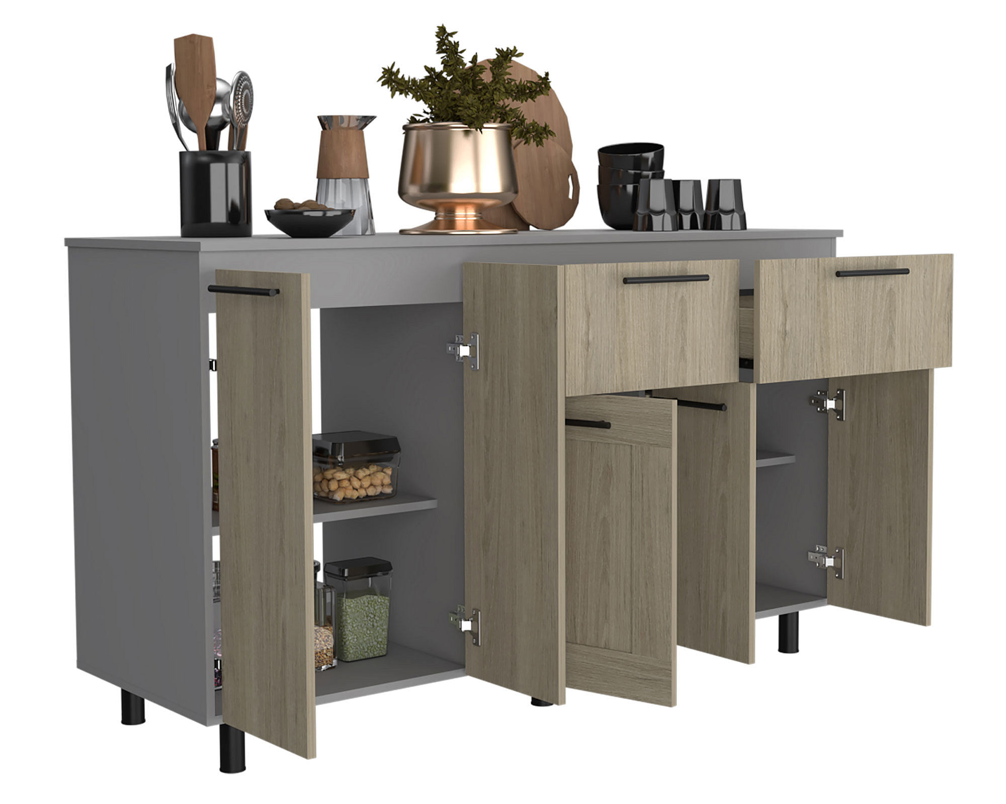 Mueble de Pared Hasselt para cocina con gabinetes y estanterías interiores  Gris / Rovere