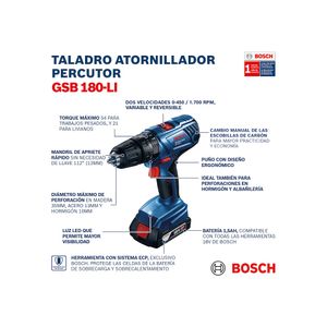 Taladro percutor inalámbrico 18V GSB 180-LI + 2 baterías Bosch
