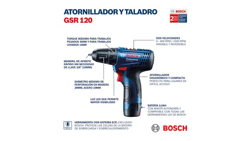 Taladro Atornillador A Batería Bosch 12V Gsr 120-Li Con 1 Batería - Easy